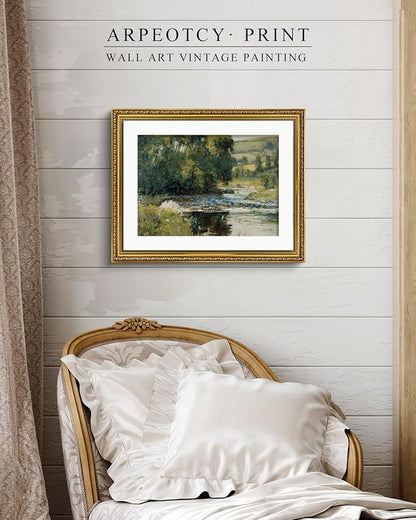 ARPEOTCY Vintage Gold Framed Large Wall Art, Nature Streamside Retro Paintings, Canvas Prints Artwork with Antique Frame, Victorian Wall Pictures Decor for Living Room Gallery Room 16x20 inch