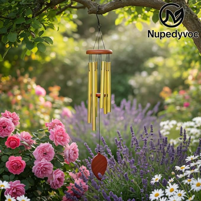 32” Large Golden Aluminum Wind Chimes with Brown Wooden Cap for Outside, Deep Tone Outdoor Garden Patio Weather Resistant Metal Decor, Ideal Gift for Birthday, Mother's Day, Meditation, Relaxation
