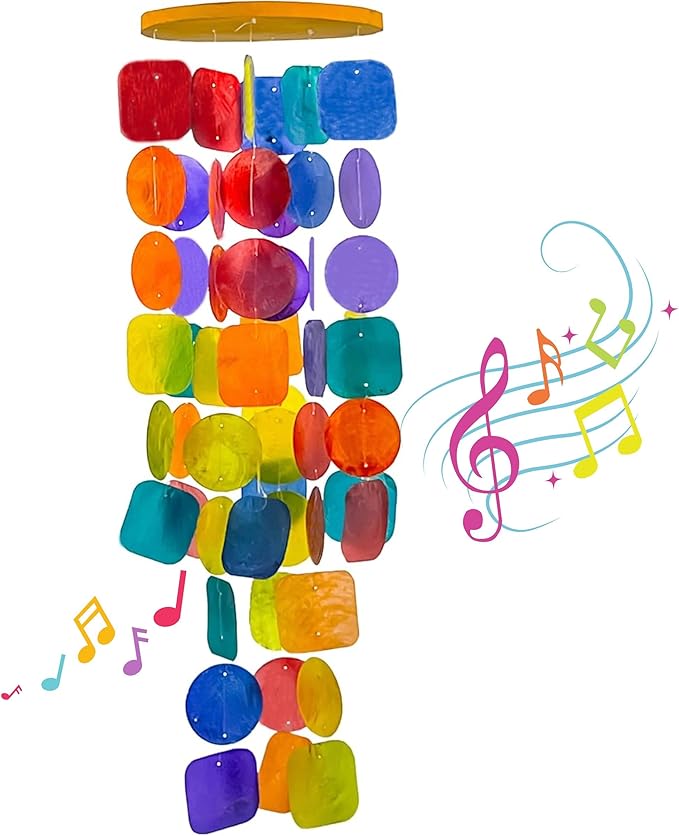 Bellaa Handmade Wind Chimes Outdoor, Musical, Garden Decorations, Beach, Ocean, Breeze, Gifts for Mom, Outside Windchimes, 63pcs, Capiz, Shells, Sea, Glass, Wood 1 Rainbow