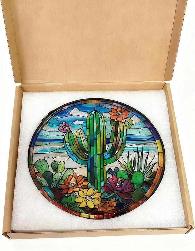 Stained Glass Window Hanging-Cactus Suncatcher Home Decor Ornament 7.9 in.Outdoor or Indoor, Garden,Living Room,Gifts for Women, Lovers, Couple, Friends