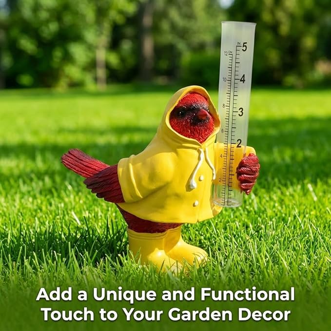 The Bridge Collection Cardinal in Raincoat Rain Gauge Statue - Cute Red Bird Spring Garden Decor
