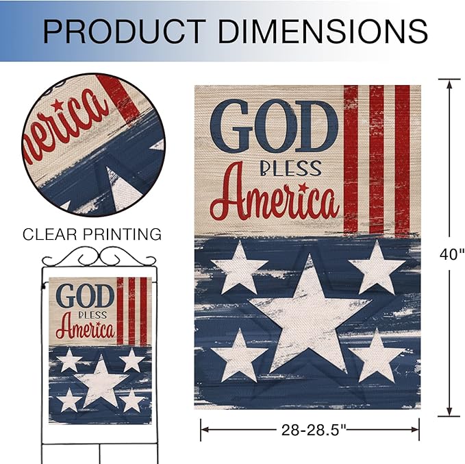 Hzppyz God Bless America Memorial Day 4th of July Patriotic House Flag, Veterans Day Stars Stripes Vintage Decorative Garden Yard Outdoor Large Decor, American USA Home Outside Decoration 28 x 40