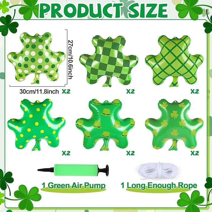 Wiooffen 12Pcs St. Patrick's Day Inflatables Large Shamrock Blow Up Balloons Lucky Clover Hanging Ornaments PVC Inflatable Ball Yard Lawn Decorations for St. Patrick's Party Outdoor Indoor Decor