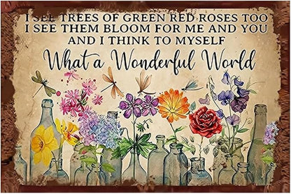 Funny Flowers Metal Sign, Metal Country Rustic Tin Sign, What a Wonderful World, Yard Sign Garage Farm Outside Garden Wall Decor Sign Plaque Outdoor for Home Fence 8 X 12 Inch