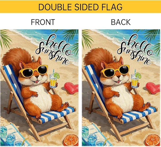 Little Squirrel Garden Flag Summer Garden Flags Beach Wooden Chair Sun Umbrella Enjoy A Holiday Garden Flags 12x18 Inch Double Sided Small Burlap Outside Decorations
