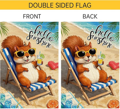 Little Squirrel Garden Flag Summer Garden Flags Beach Wooden Chair Sun Umbrella Enjoy A Holiday Garden Flags 12x18 Inch Double Sided Small Burlap Outside Decorations