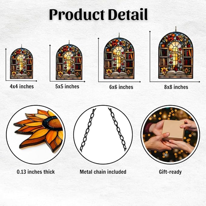 Antique Library Bookshelf Acrylic Suncatcher Stained Glass Effect Window Car Hanging Christmas Ornament Indoor Outdoor Decor Garden Sun Catcher Panel for Book Lover for Women Mom Grandma