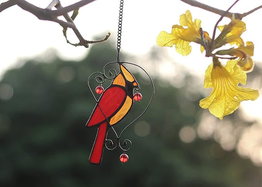 Red Cardinal Decor Stained Glass Window Hanging,Bird Ornaments Suncatcher for Window,Cardinal Gifts for Grandma,Mom, Sympathy Grief Memorial Gift (Red)