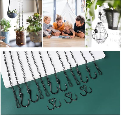 6PCS Hanging Chains with S Hooks, 24.2IN Long Chains with Clips, Adjustable Black Metal Chains Hanger for Plant, Sign, Bird Feeder, Wind Chime