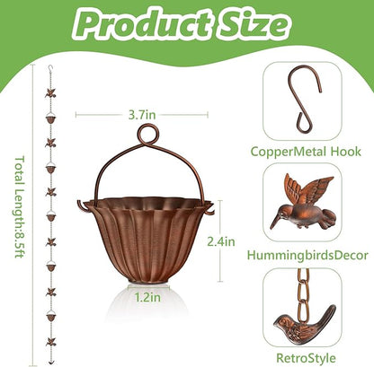 Joyzan Rain Chains for Gutters Outside, 8.5FT Adjustable Rain Catcher Chain with Wide Flared Cups Hummingbird Decor Stable Downspout Alternative for Smooth Water Flow Outdoor Garden Eaves Drainage