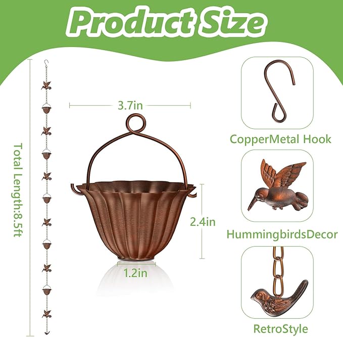 8.8ft Copper Rain Chains for Gutters Outside - Adjustable Steel Hanging Rain Hutter Decorative Rain Catcher with 6 Metal Cups,8 Hummingbird Ornaments for Garden Eaves Drainage
