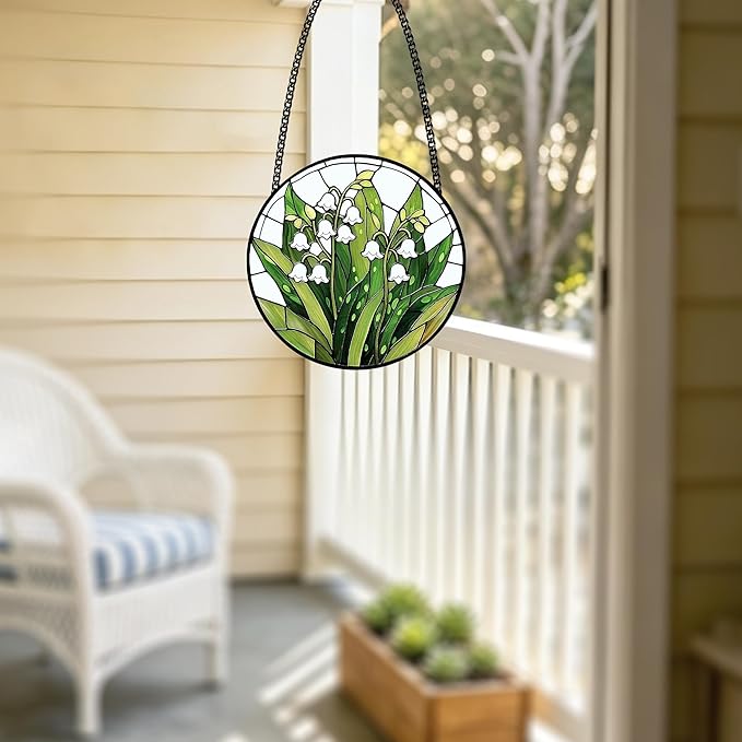 Stained Glass Window Hanging, Lily of the Valley Flower Sun Catcher Glass Panel Green and White Suncatcher Decor for Birthday, Women, Men, Wife, Aunt, Lovers, Home Garden 7.8 in