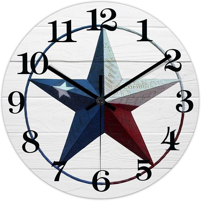 10 Inch Decorative Wall Clock Western Texas Star Vintage Farmhouse Wood Clock Silent Non-Ticking Battery Operated Rustic Wooden Analog Clock for Patio Office Living Room Decor Home Decor