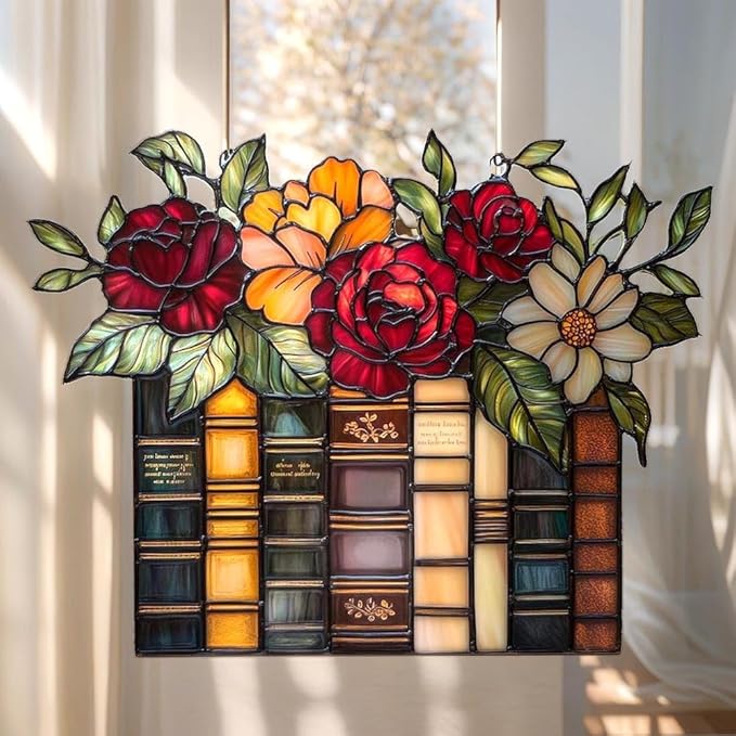 Bookshelf Acrylic Suncatcher Colorful Window Hanging Ornament for Book Lovers Sun Catcher Panel for Home Decor Car Garden Gift Vintage Books and Flower Suncatcher