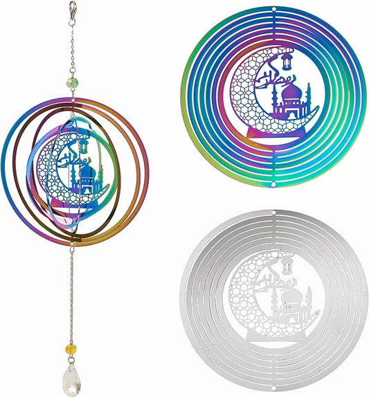 Ramadan Wind Spinners Outdoors Stainless Steel Wind Sculpture Spinner for Garden Outside Hanging Decor Gradient Twisted Winds Chimes for Eid Mubarak Theme Yarn Home Garden Decor 2Pcs