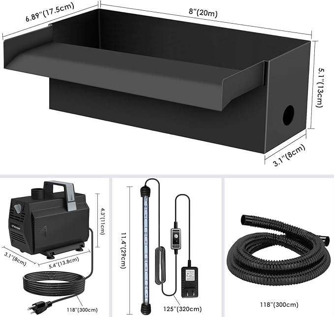 All-in-1 Pond Waterfall Kit with LED Lights, 8 inch Stainless Steel Spillway with 600GPH Water Pump, Outdoor Waterfall Fountain for Water Feature, Garden, Backyard, Pool