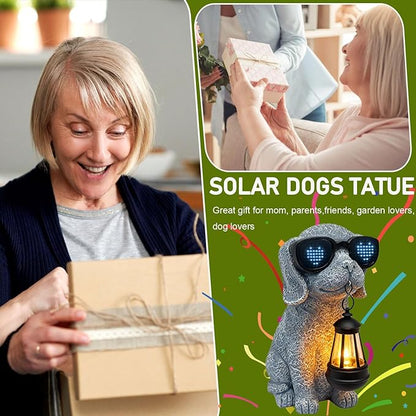 Solar Garden Outdoor Dog Statues - Garden Decorations Dogs Statue with Lantern, Waterproof Led Lights Yard Decor Figurine Birthday Gifts for Women Mom Grandma Dog Lovers for Patio Balcony Lawn