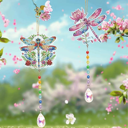 MVVMTOP 2pcs Diamond Art Painting Wind Chime with Crystal Pendant, DIY Dragonfly Double-Sided Design Special Shape Acrylic Crystal Diamond Art Ornament, Home Window Garden Hanging Pendant Decoration