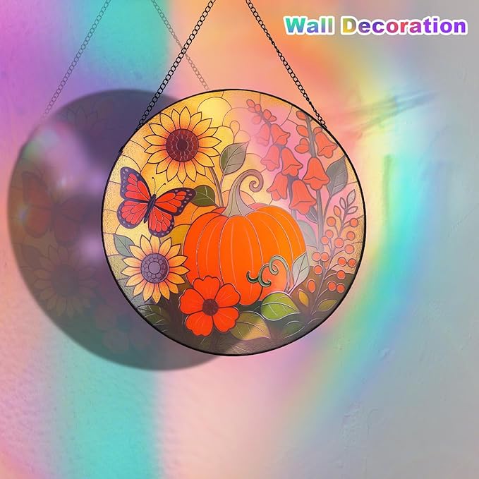 Pumpkin Suncatcher for Window Hanging - Stained Glass Window Hanging, Pumpkin Decor for Garden,Wall, Balcony, Fall Gift for Halloween(12 Inch)