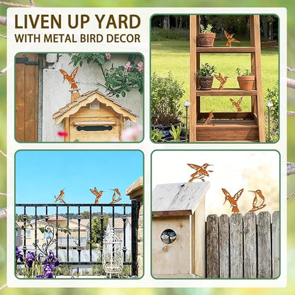 6 Pcs Hummingbirds Fence Decor, Outdoor Garden Metal Bird Decoration, Metal Art Ornament for Yard, Double-Side Design