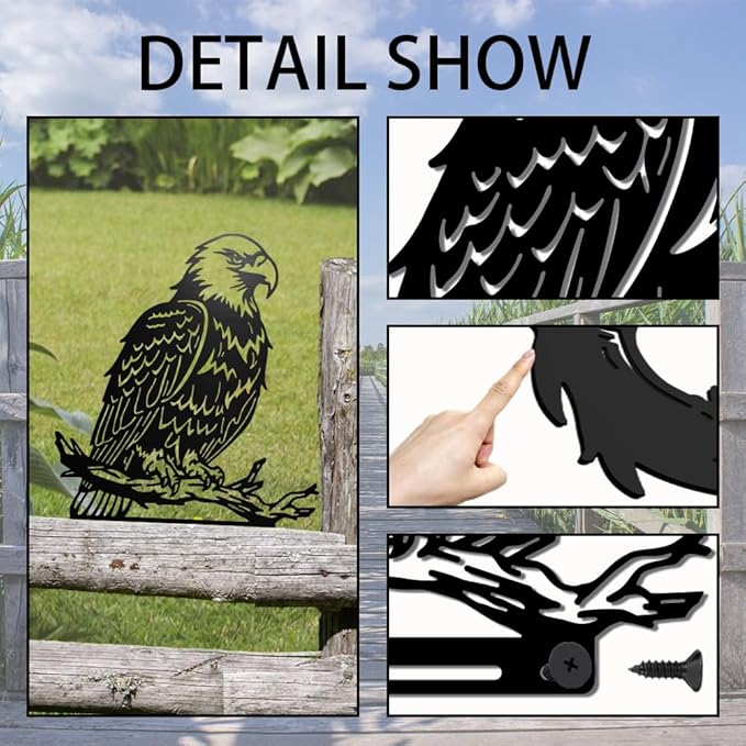 WADORN Eagle Metal Garden Yard Art Decor, Bird on Branch Iron Decorative Garden Stakes Wild Animal Black Silhouette Outdoor Fence Decor for Tree Wall Ornaments Yard Art Outdoor Decor Garden Decor