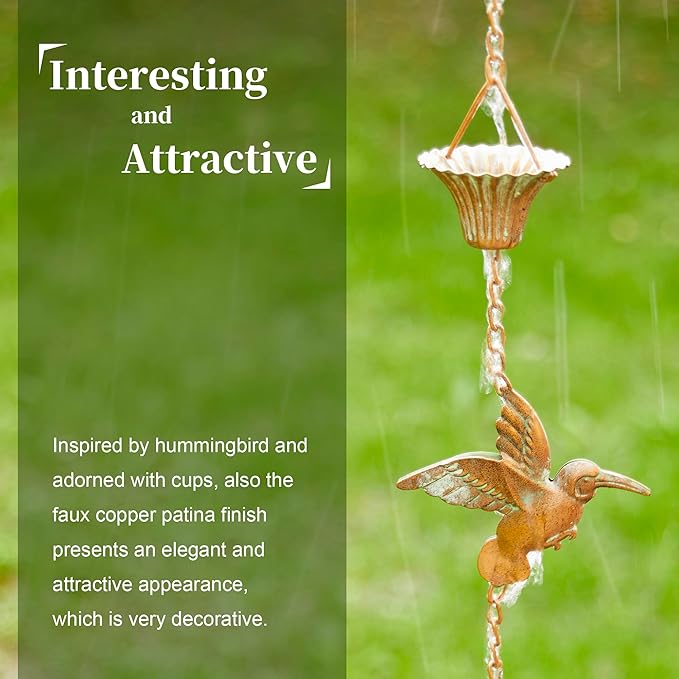 Glitzhome 8.5 FT Bird and Cup Rain Chains, Faux Copper Patina Finish Rain Chains for Gutters, Adjustable Rain Catcher Chain with V-Shaped Gutter