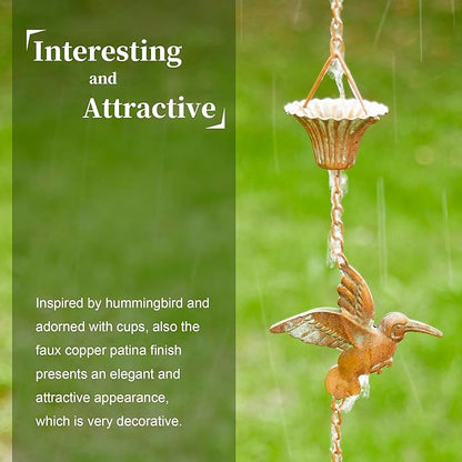 Glitzhome 8.5 FT Bird and Cup Rain Chains, Faux Copper Patina Finish Rain Chains for Gutters, Adjustable Rain Catcher Chain with V-Shaped Gutter