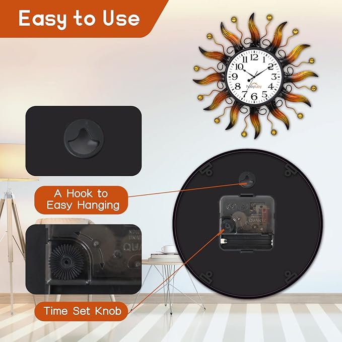 Outdoor Clock Silent Non-Ticking, Sun Outdoor Wall Clock Waterpooof Outside Clock for Patio, Home Decorations(Orange)