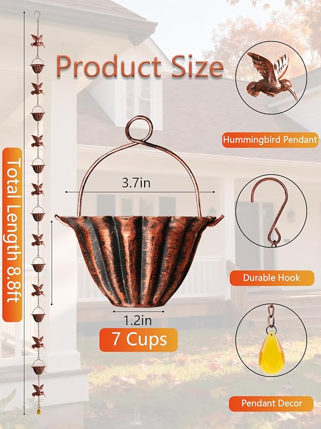 Rain Chains for Gutters, 8.8ft Rain Catcher Chain with 7 Metal Cups & Hummingbird Decor, Adjustable Downspout Replacement for Roof Drainage & Decorative Water Collection（Hummingbird Copper）