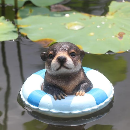 Cute Floating Otter Garden Water Feature Decoration, Resin Sculpture, Equipped with a Life Ring, Outdoor Swimming Pool Decoration, in red and White Color Scheme