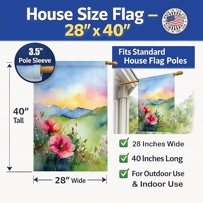 Caroline's Treasures North Dakota Wild Prairie Roses in Watercolor House Flag Large Porch Sleeve Pole Decorative Outside Yard Banner Artwork Wall Hanging, Polyester, House Size, Multicolor