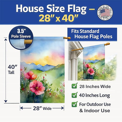 Caroline's Treasures North Dakota Wild Prairie Roses in Watercolor House Flag Large Porch Sleeve Pole Decorative Outside Yard Banner Artwork Wall Hanging, Polyester, House Size, Multicolor