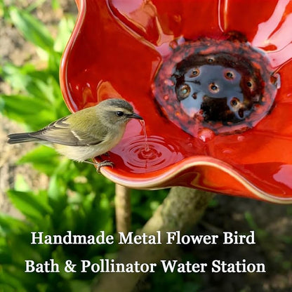Handmade Metal Flower Garden Stake, Handmade Metal Flower Bird Bath & Pollinator Water Station, Colorful Bee/Butterfly/Bird Watering Station for Garden (1Pcs)