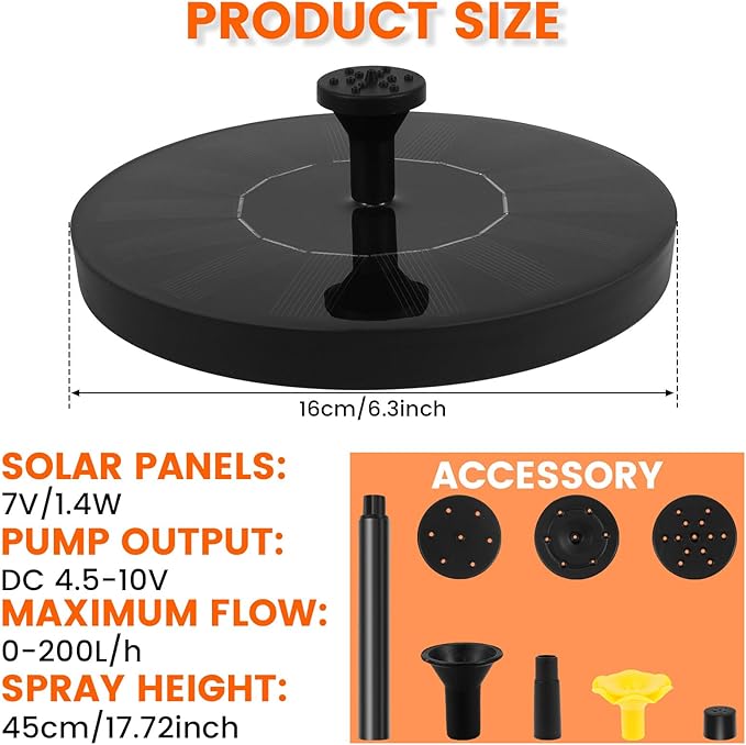 Solar Bird Bath Fountain Pump, Solar Water Fountain with 7 Nozzles & 3 Fixed Rods, Energy Efficient 7V/1.4W Solar Water Pump, Suitable for Bird Bath, Garden, Courtyard, Fish Tank, Outdoor
