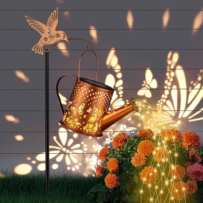 Gifts for Mom, Butterfly Solar Lantern Outdoor Waterproof, Outside Metal Watering can Landscape Lights for Garden Yard Patio Pathway Decor Birthday Gifts for Women Grandma -with Pole