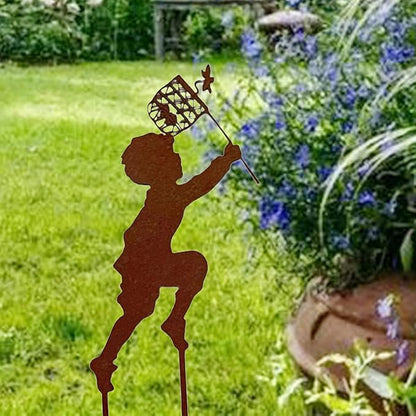 Iron Children Chasing Butterfly Statues Rustic Kids Silhouette Garden Yard Stakes Art Patio Porch Lawn Ornaments (Boy)