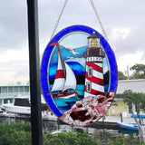 Pigeon Point Lighthouse Stained Glass Window Hanging, Suncatcher Home Decor with Chains, Suncatcher for Windows, Colorful Glass Ornament, Indoor Outdoor Home Decor Garden Decoration