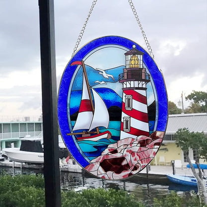 Pigeon Point Lighthouse Stained Glass Window Hanging, Suncatcher Home Decor with Chains, Suncatcher for Windows, Colorful Glass Ornament, Indoor Outdoor Home Decor Garden Decoration