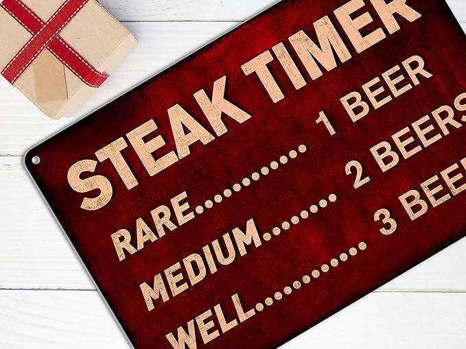 Funny Beer Sign Steak Timer - Metal BBQ Rules Sign, Outdoor Tin Signs for Patio, Kitchen, Pub, Man cave, Tiki Bar Decor 12x8 Inch Aluminum
