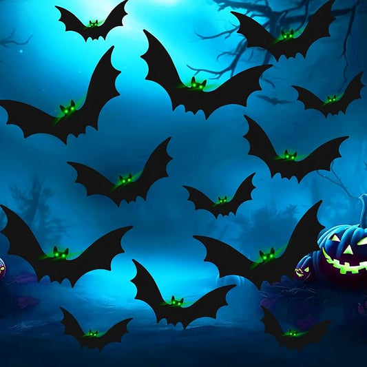 12 Pcs Hanging Bats with Lights Halloween Decoration Outside Pumpkin Skeleton Spider Outdoor Lawn Decorations 3 Size Realistic Ghost for The Tree Porch Yard Lawn Indoor(Bat)