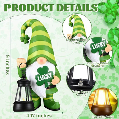 Retisee Solar St. Patrick's Day Garden Statue Resin Gnome Statue with Shamrock LED Lights Outdoor Lucky Solar Light Figurine Decoration for Yard Patio Lawn Gift for St. Patrick's Day Irish