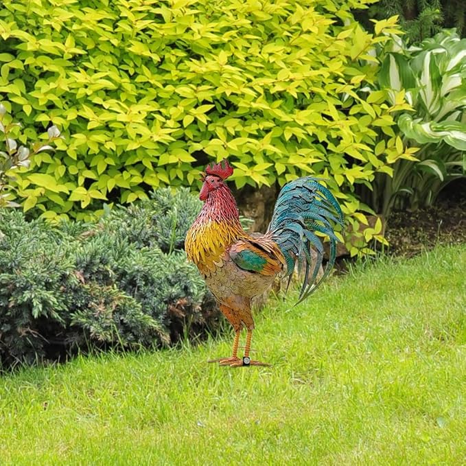 Rooster Garden Statue,12 in 2D Graphic Design Metal Rooster Decor Garden Statue with Stakes,Standing Small Metal Chicken Yard Decor Figurines,Patio Backyard Lawn Home Chicken Sculpture(Not 3D)