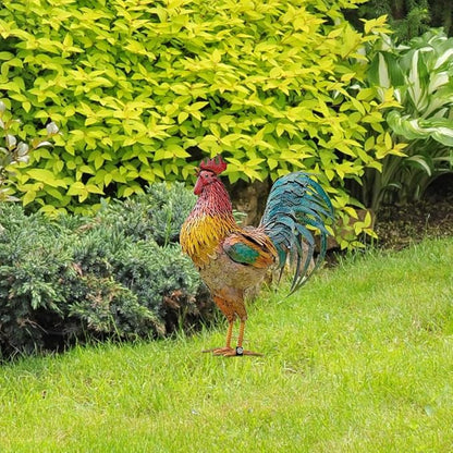 Rooster Garden Statue,12 in 2D Graphic Design Metal Rooster Decor Garden Statue with Stakes,Standing Small Metal Chicken Yard Decor Figurines,Patio Backyard Lawn Home Chicken Sculpture(Not 3D)