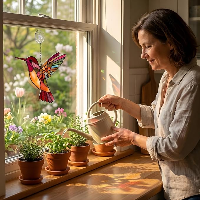 Pink Hummingbird Handmade Resin Suncatchers, Artisan Sun Catcher Stained Glass Effect Window Hummingbird Ornaments Window Hanging Garden Decor, Gifts for Mother's Day, Mom, Grandma, Wife, Women