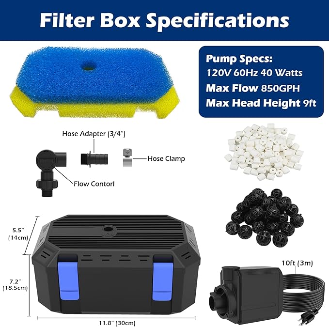 All-in-1 Pond Waterfall Kit | 850GPH Pond Filter Pump | 12-inch Stainless Steel Waterfall Spillway | Remote Control LED Lights | 4-Stage Filtration Outdoor Waterfall for Water Feature, Garden, Pool