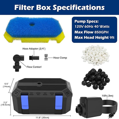 All-in-1 Pond Waterfall Kit | 850GPH Pond Filter Pump | 12-inch Stainless Steel Waterfall Spillway | Remote Control LED Lights | 4-Stage Filtration Outdoor Waterfall for Water Feature, Garden, Pool