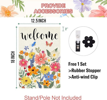Baccessor Spring Summer Welcome Garden Flag Double Sided 12.5 x 18 Inch Burlap with Clip and Stopper,Floral Butterflies Flag Seasonal Farmhouse Front Yard Lawn Outside Outdoor Decoration