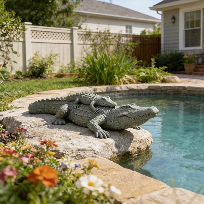 DiliComing Outdoor Alligator Statue Garden Decor - 28 Inch Realistic Resin Crocodile Garden Statues Mother & Baby Alligator Sculpture for Yard Lawn Beach Pool Decorations Gator Gifts