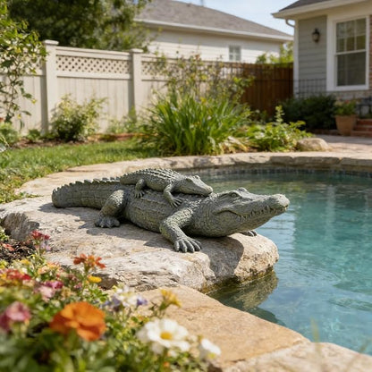 DiliComing Outdoor Alligator Statue Garden Decor - 28 Inch Realistic Resin Crocodile Garden Statues Mother & Baby Alligator Sculpture for Yard Lawn Beach Pool Decorations Gator Gifts