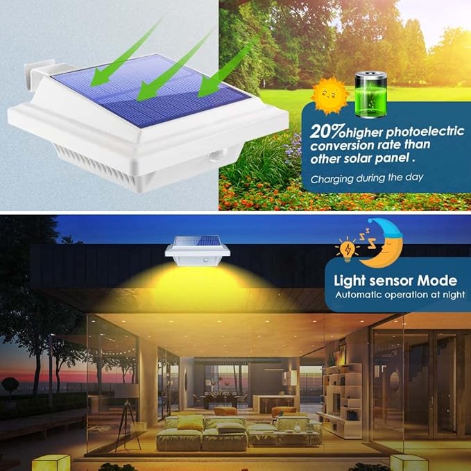 Gutter Lights, 40 LEDs Solar Patio Decor Light, Deck Lights Outdoor Waterproof Fence Light for Wall Backyard Porch, Patio, Pool,Step Stairs, Yard, Garden, Pathway - 4 Pack-White,Warm White Light